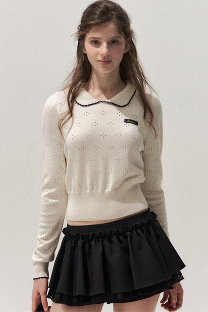 Collar Floral Hollow Knit Top