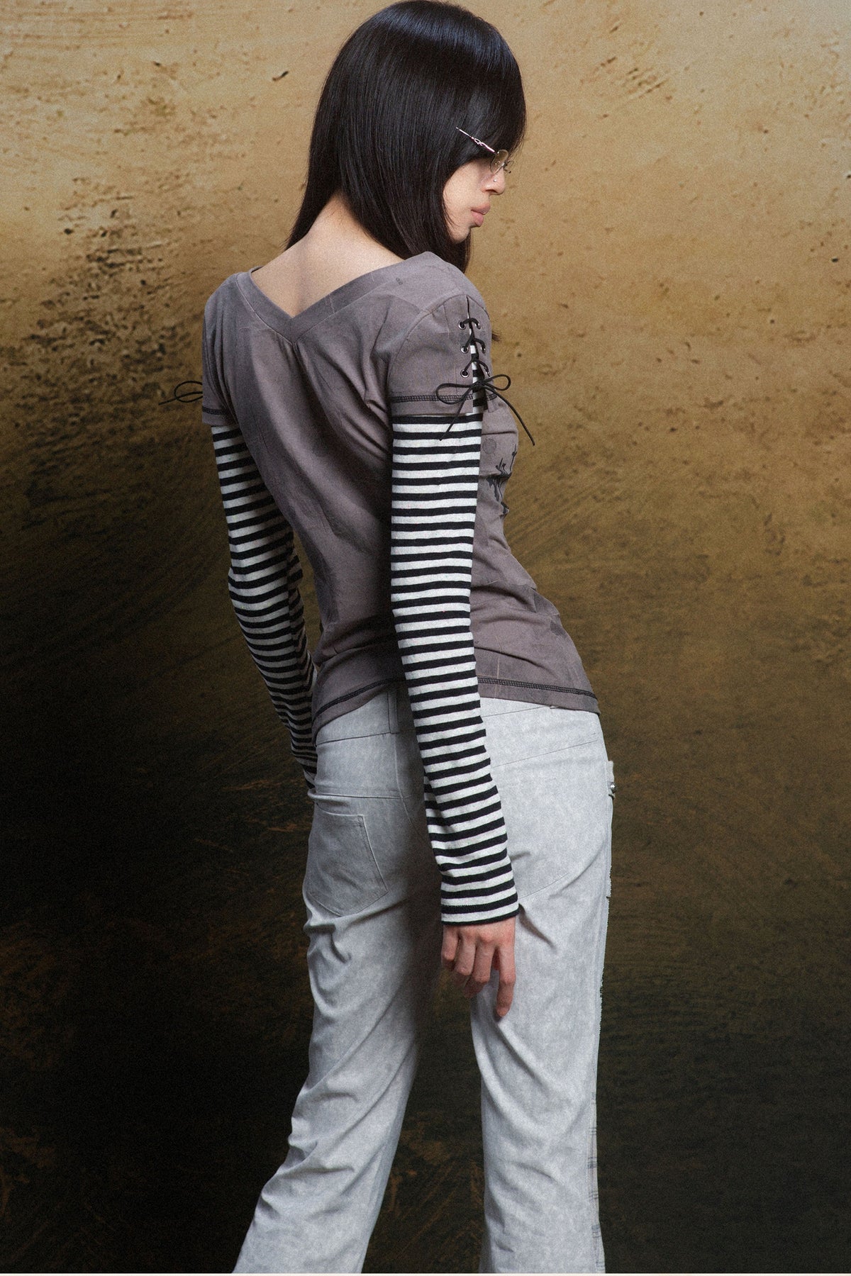 Cross Print Layered-Look V-Neck T-Shirt