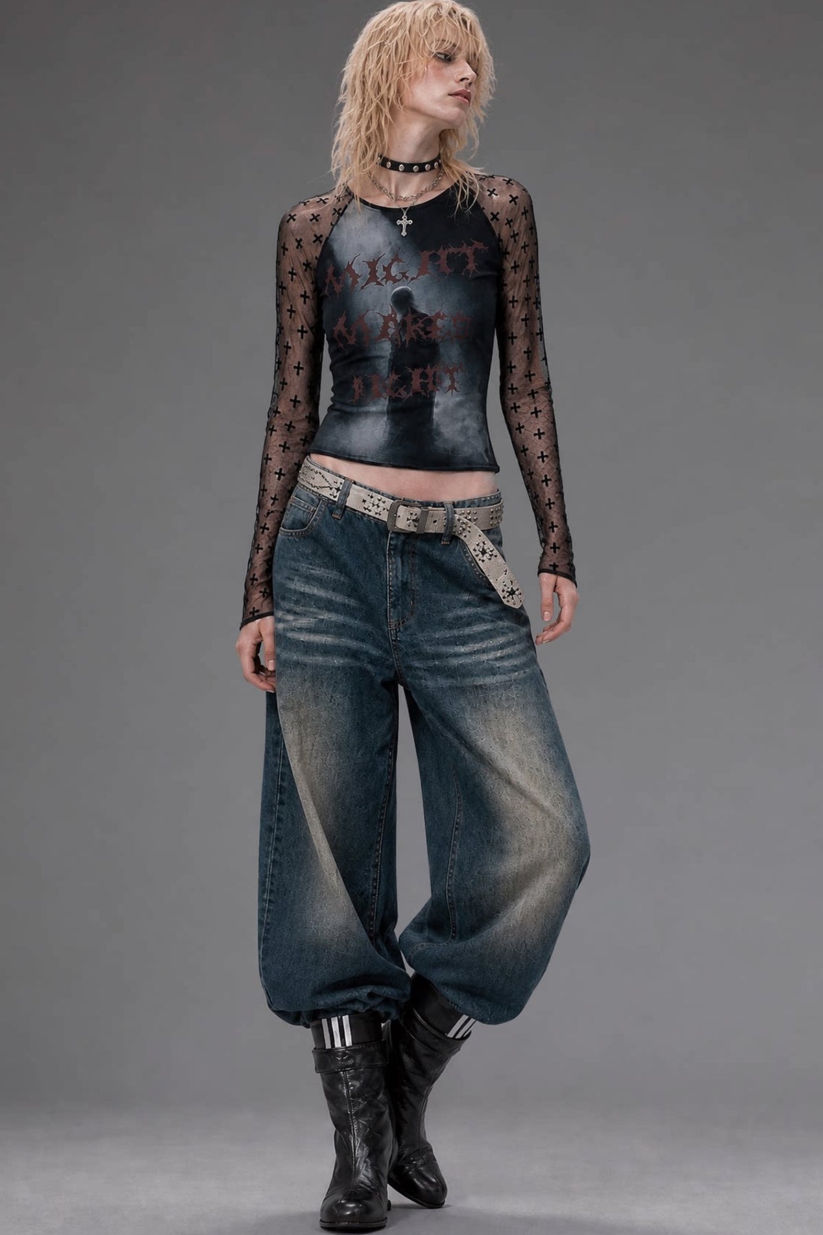 Letter Print Long-Sleeve Mesh Top