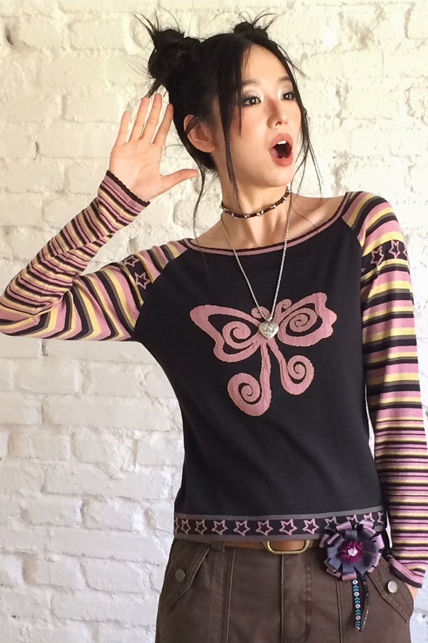 Butterfly Jacquard Striped Sweater