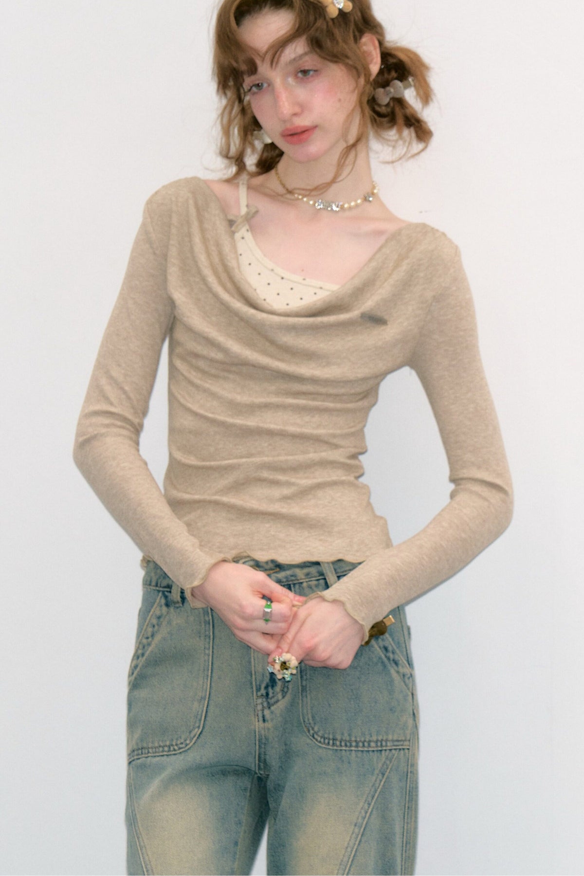 Layered-Look Flutter Collar Knit Top