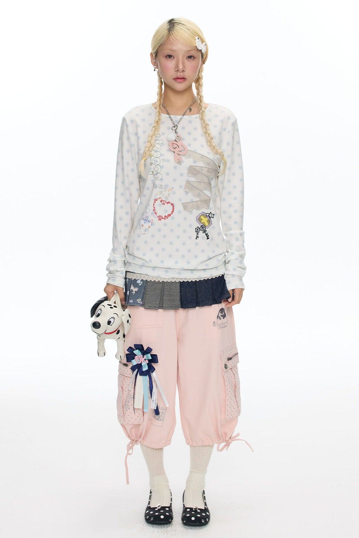 Polka Dot Lace Patchwork Long Sleeve T-Shirt