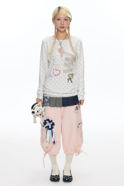 Polka Dot Lace Patchwork Long Sleeve T-Shirt