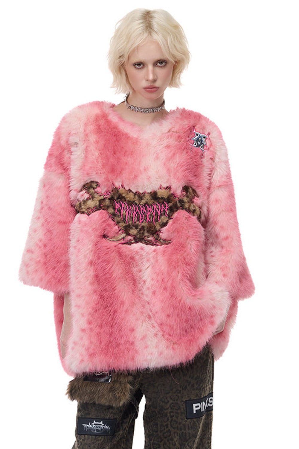 Pink Leopard Heart Embroidered Faux Fur Jacket