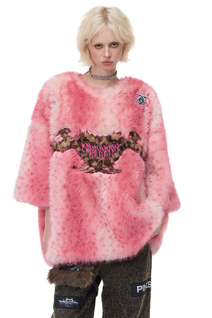 Pink Leopard Heart Embroidered Faux Fur Jacket