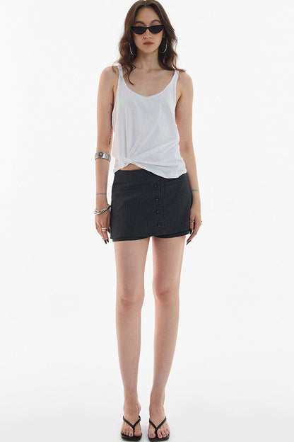 Gray White Striped Button Front Skirt