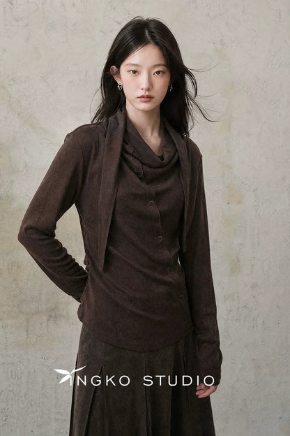 Asymmetrical Collar Coffee T-Shirt