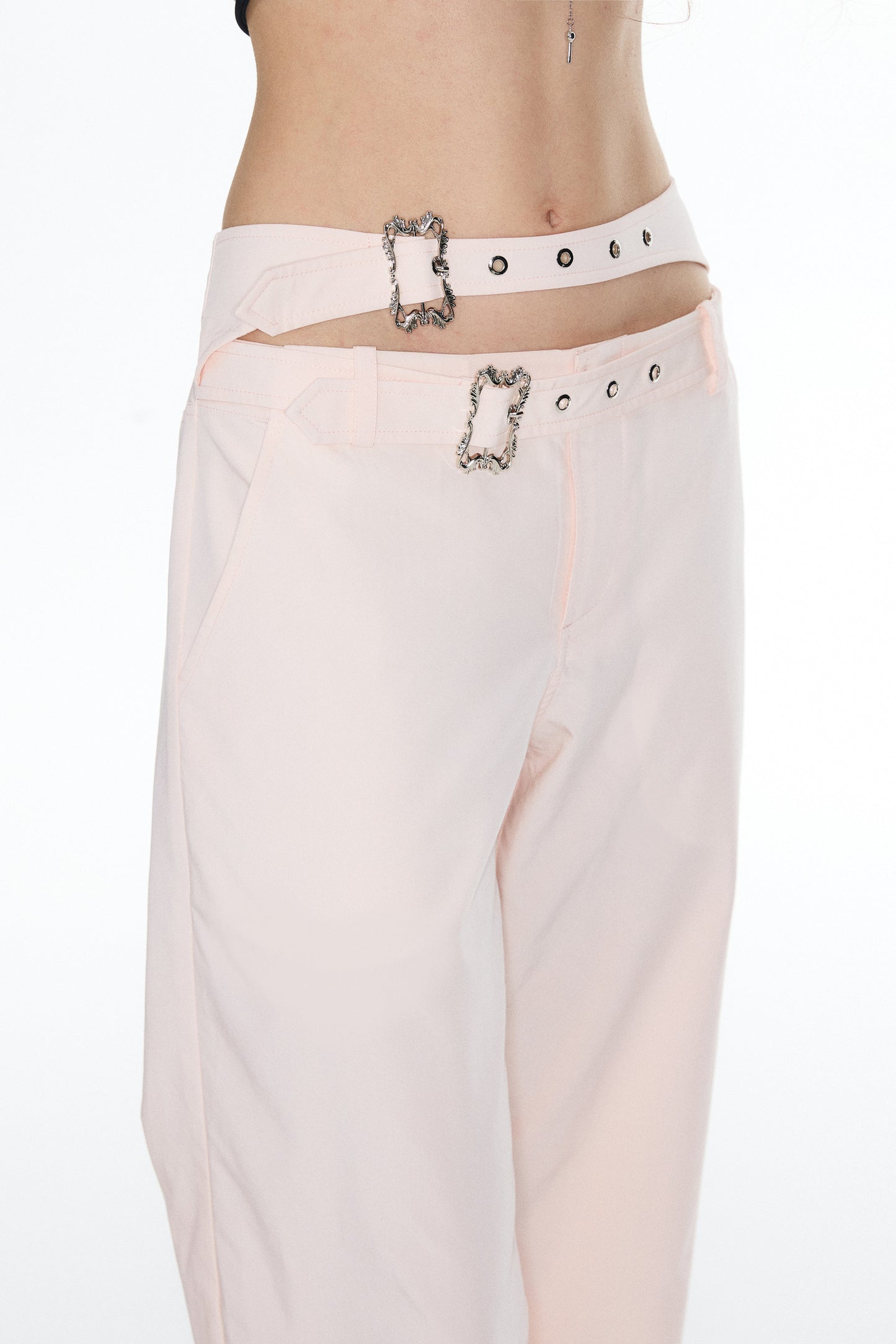 Pink Double Waistband Low-Waist Pants