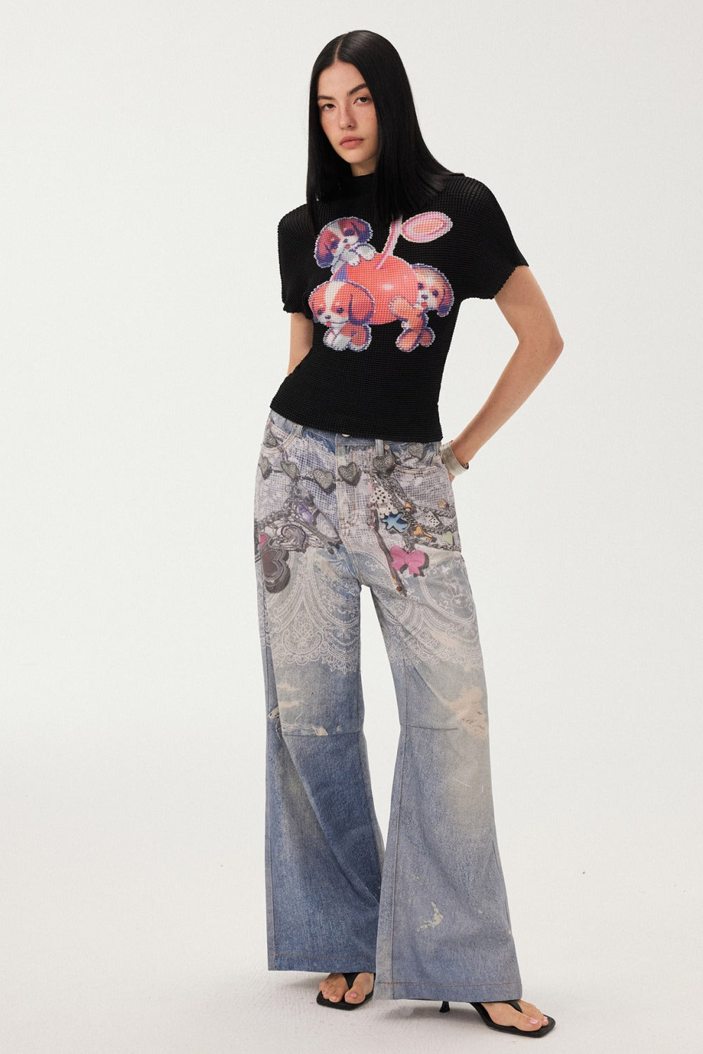 Blue Chain Detail Wide-Leg Straight Denim Pants