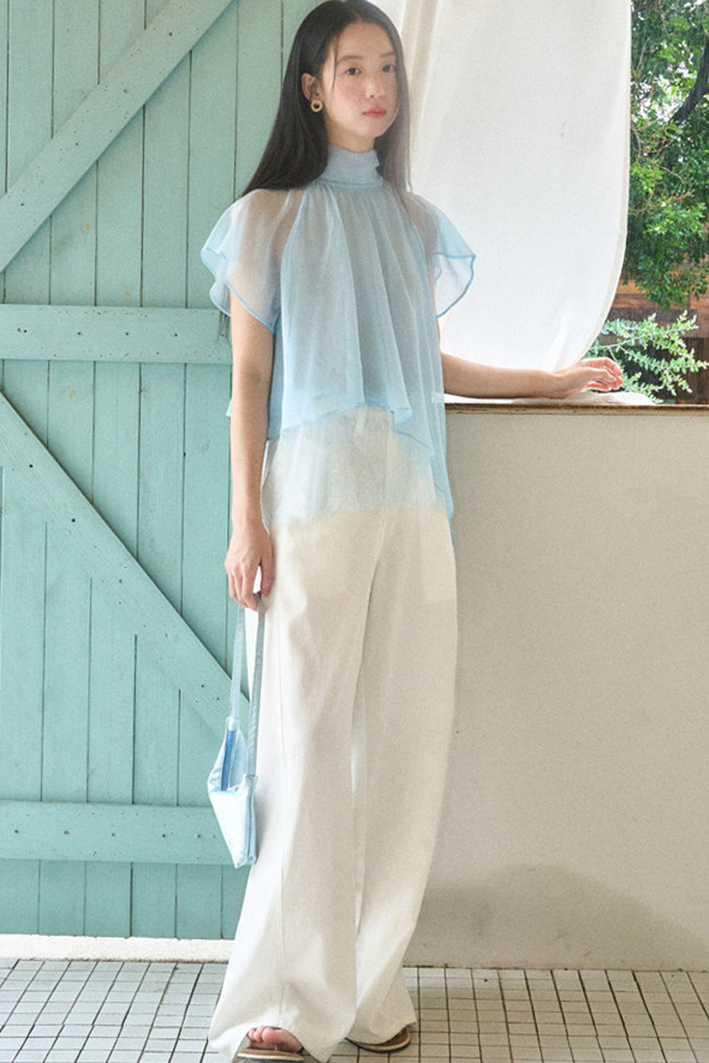Sheer Blue Lace Ribbon Short Sleeve Top