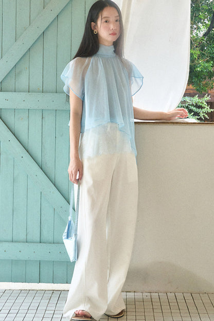 Sheer Blue Lace Ribbon Short Sleeve Top