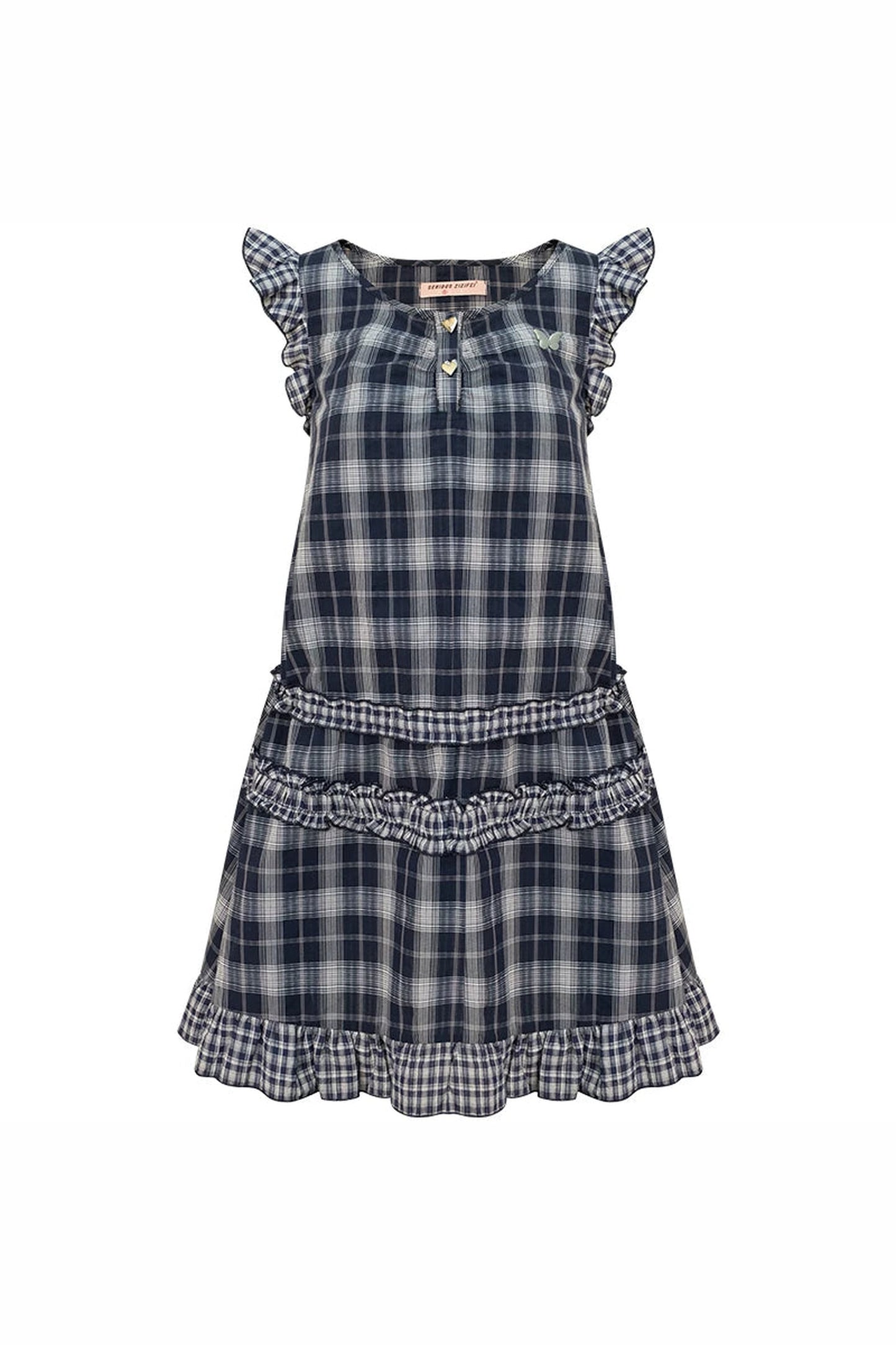 Dark Blue Plaid Flutter-Sleeve Dress