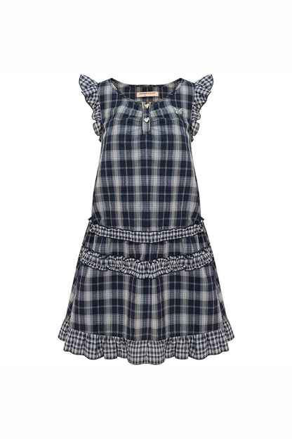 Dark Blue Plaid Flutter-Sleeve Dress