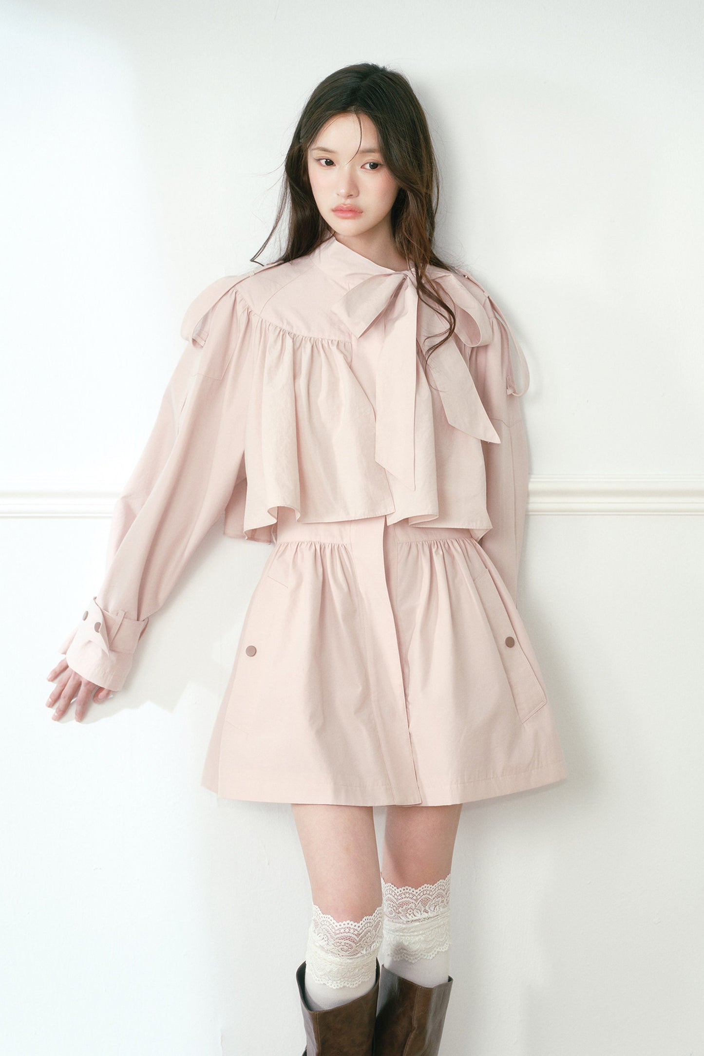 Smoky Pink Cape-Style Bow Trench Coat