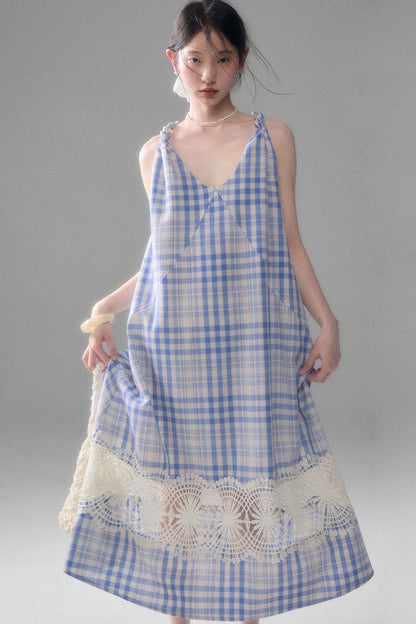 Blue White Plaid Lace Slip Dress