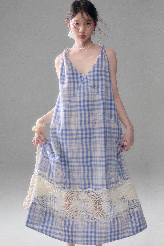 Blue White Plaid Lace Slip Dress