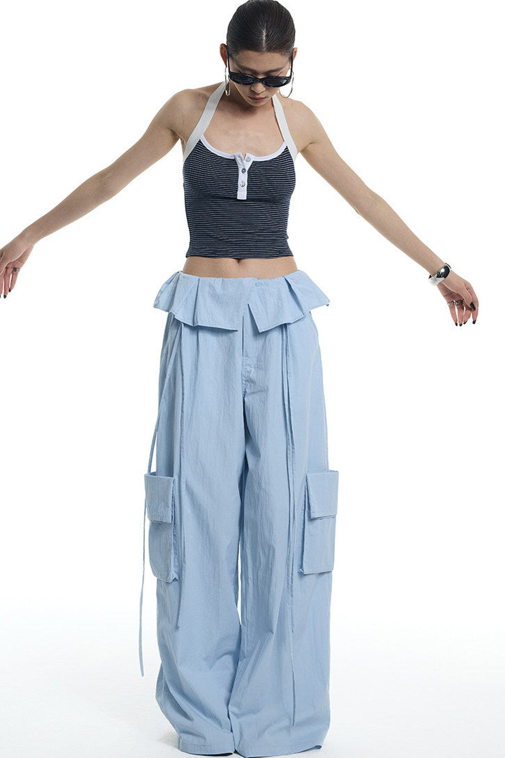 Ruffled Glacier Blue Wide-Leg Pants