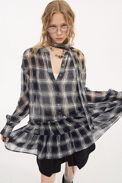 Drop Shoulder Plaid Blouse