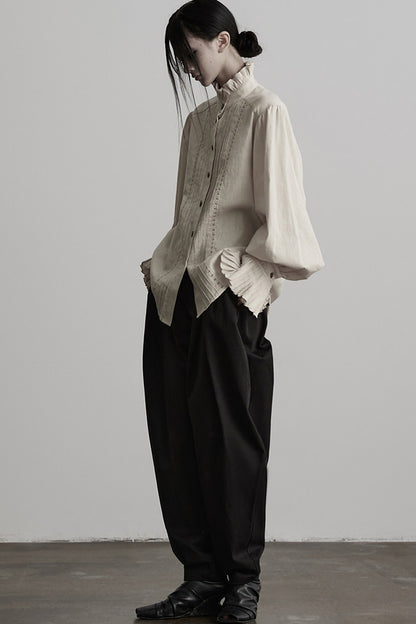 Pleated Cotton Linen Stand-Up Collar Shirt