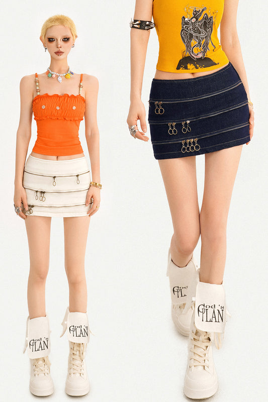 Multi-Zip Denim Mini Skirt