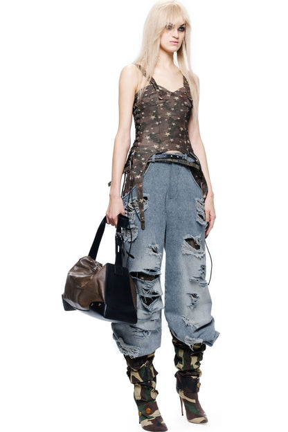 Handmade Distressed Patchwork Lining Denim Jeans