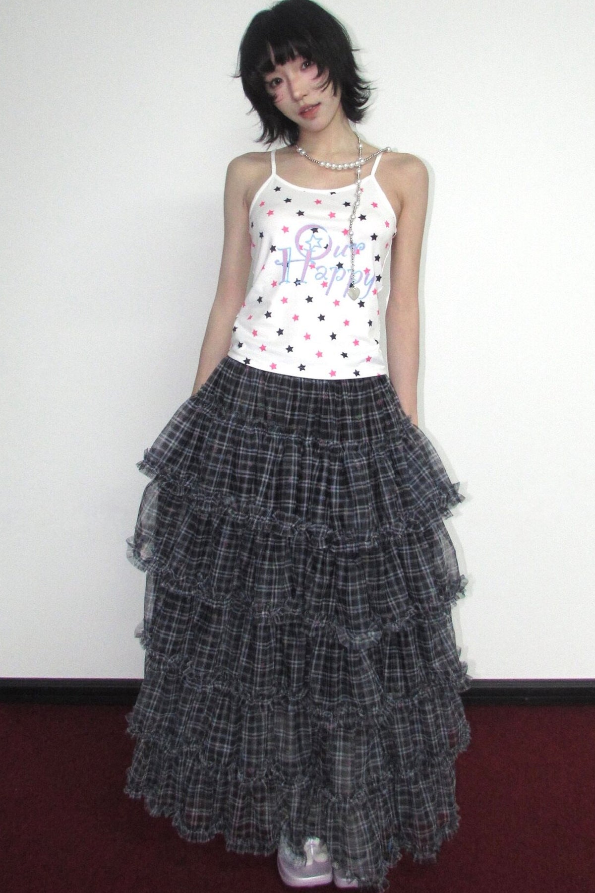 Star Plaid Mesh Cake Skirt