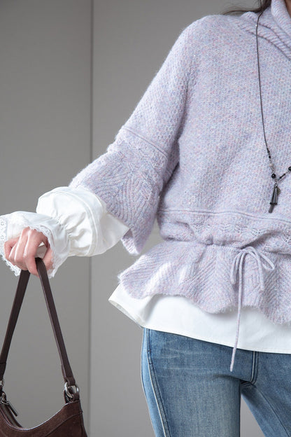 Gray-Purple Drawstring Waist Wool Sweater