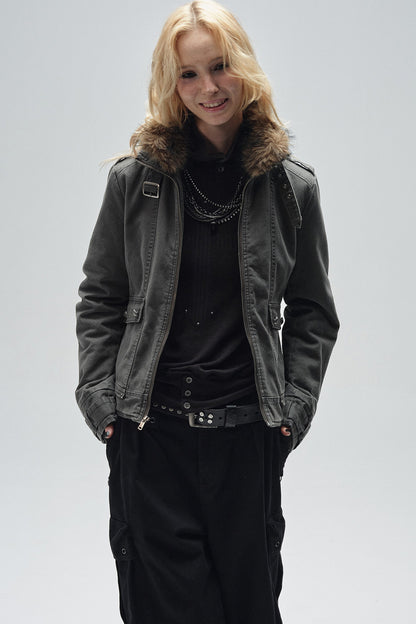 Detachable Fur Collar Punk Jacket