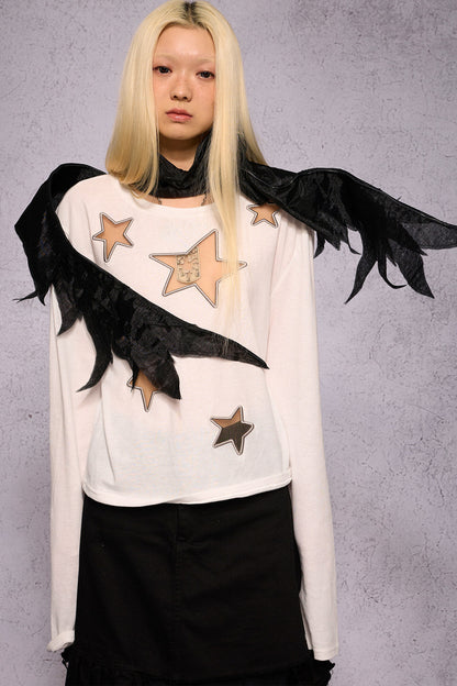 Star Hollow Mesh Embroidery Long-Sleeved Top