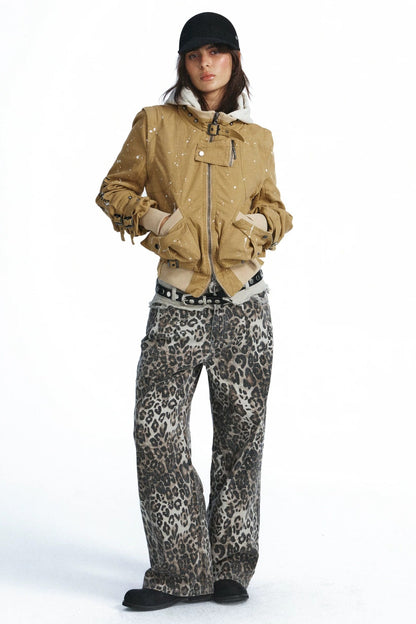 Leopard Print Double-Waistband Wide-Leg Jeans