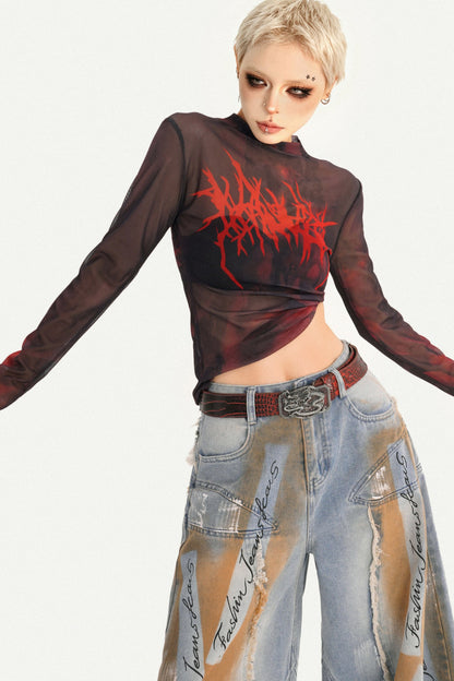 Red Graphic Mesh Long-Sleeved Top