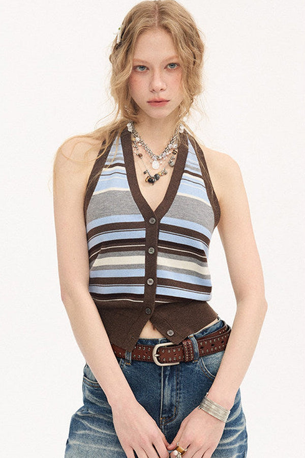 V-Neck Button Halter Vest