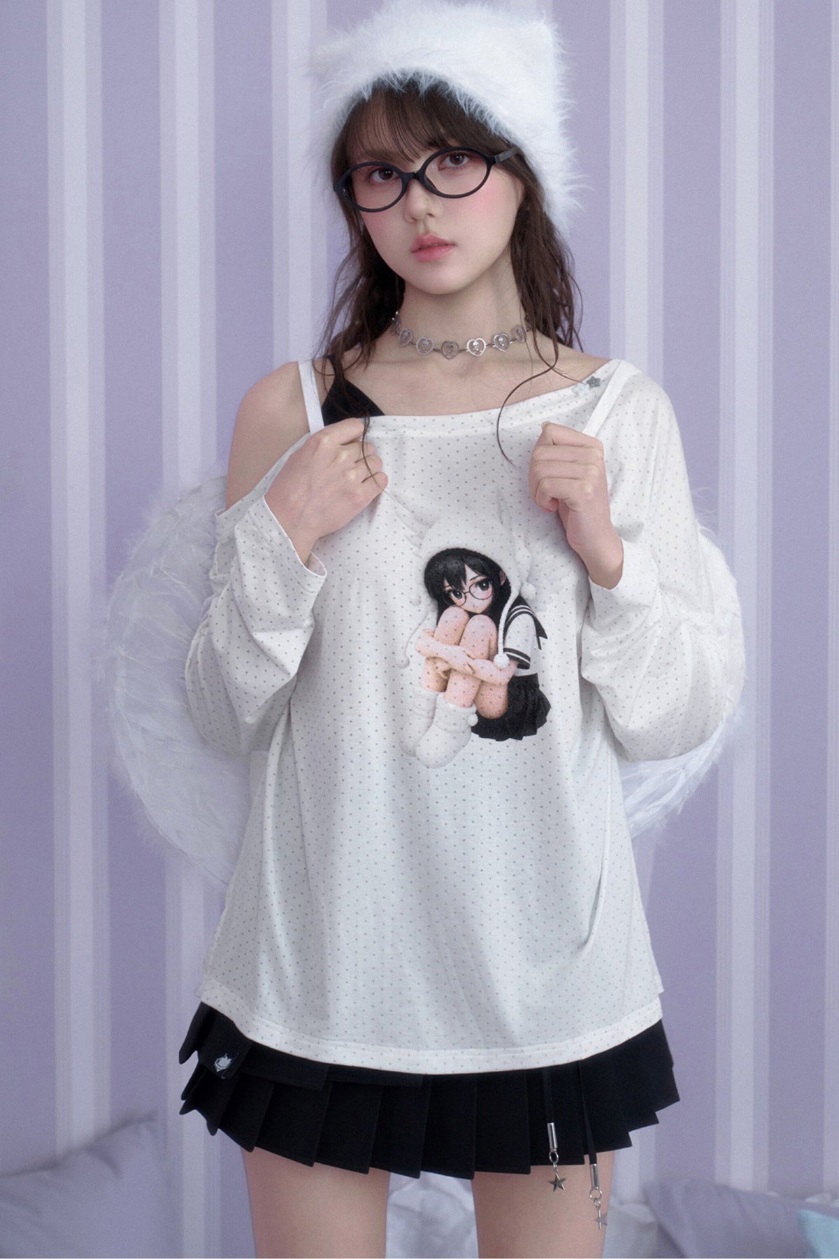 White Star Off-Shoulder Layered-Look T-shirt
