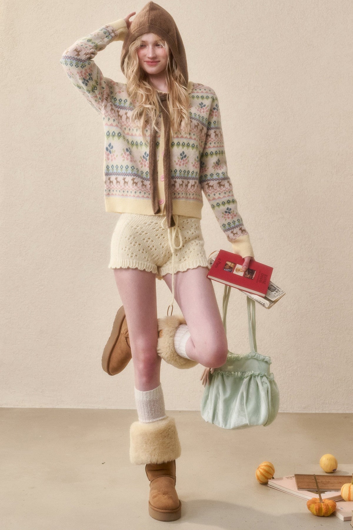 Reindeer Fair Isle Lace Trim Cardigan Top