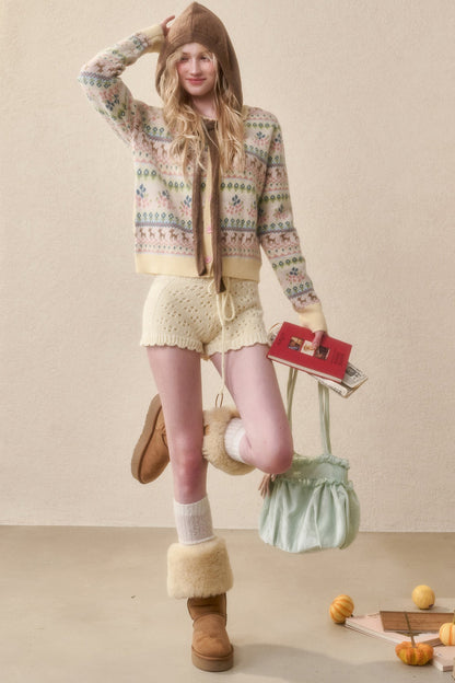 Reindeer Fair Isle Lace Trim Cardigan Top
