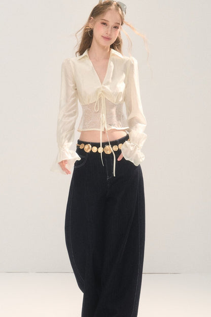 Short Lace Panel V-Neck Shirt