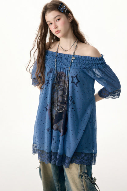 Cat Print Lace Trim Off-Shoulder Top