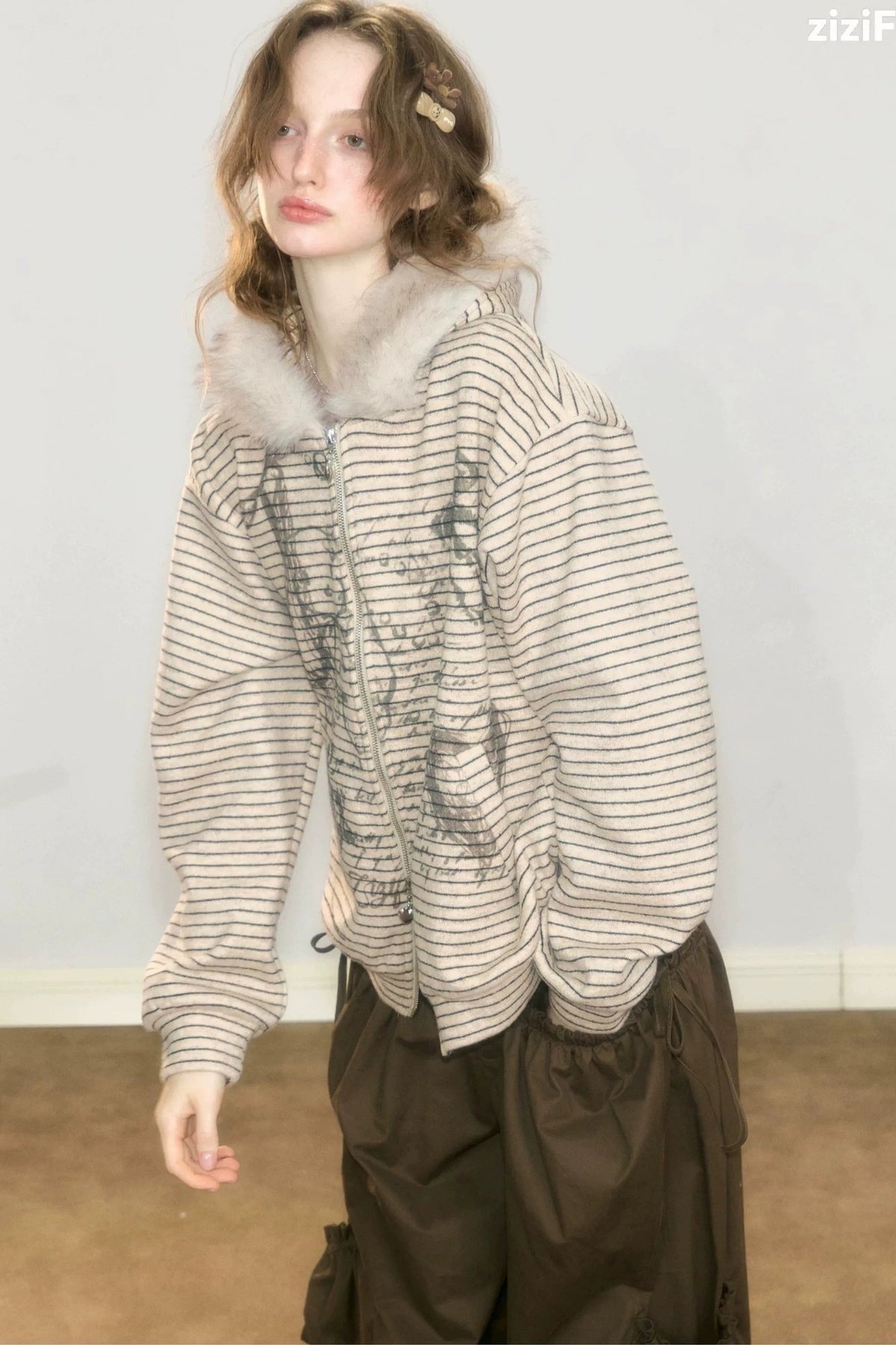 Fur Collar Hooded Striped Graffiti Jacket