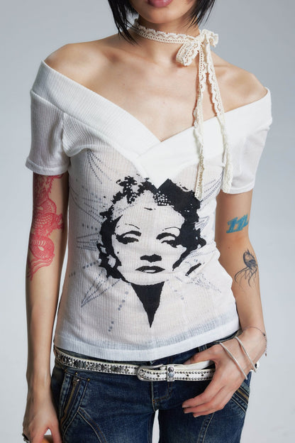 Sheer Two-Color V-Neck Off-Shoulder T-Shirt