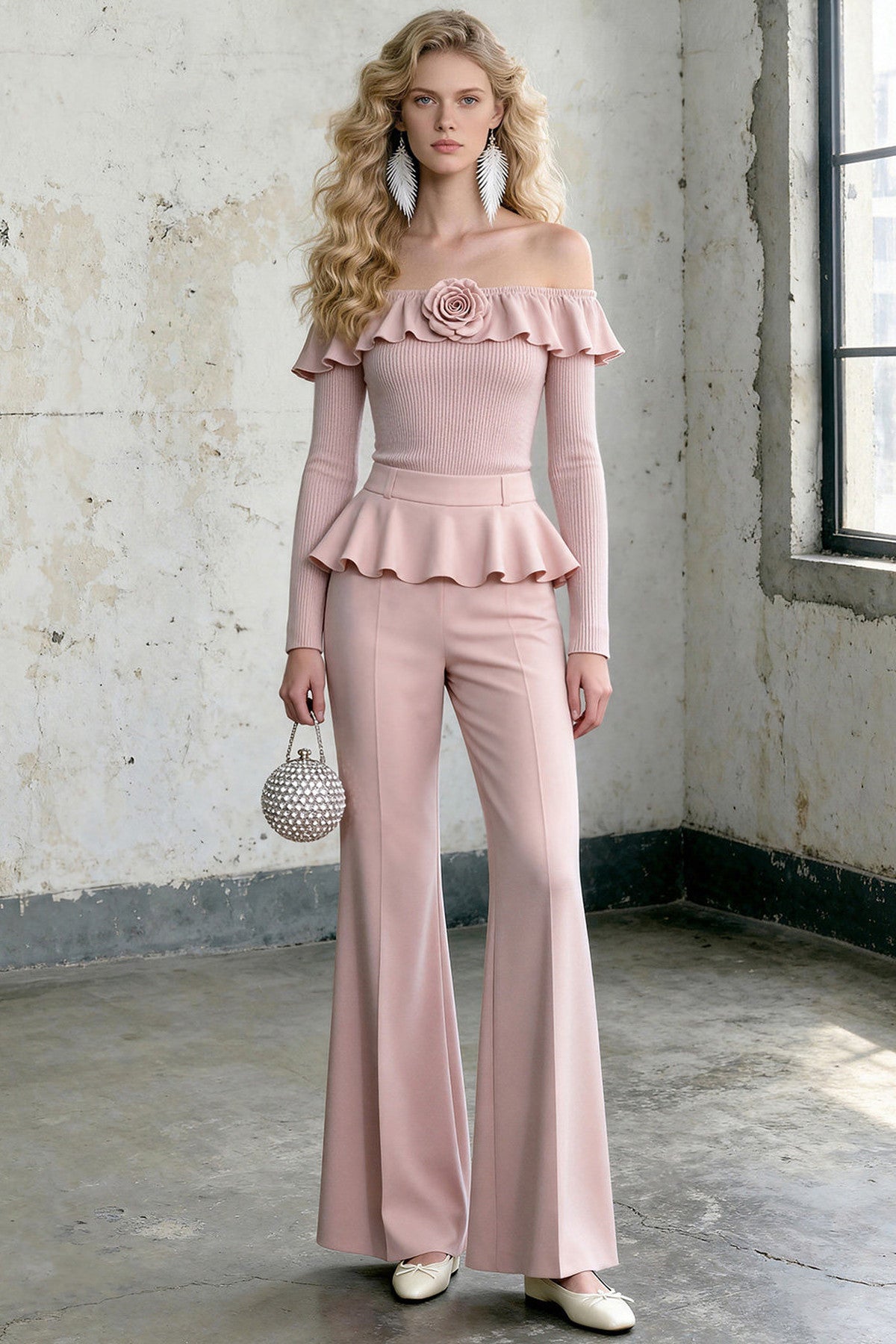 Pink Lotus Off-Shoulder Ruffle Top and Pants Set