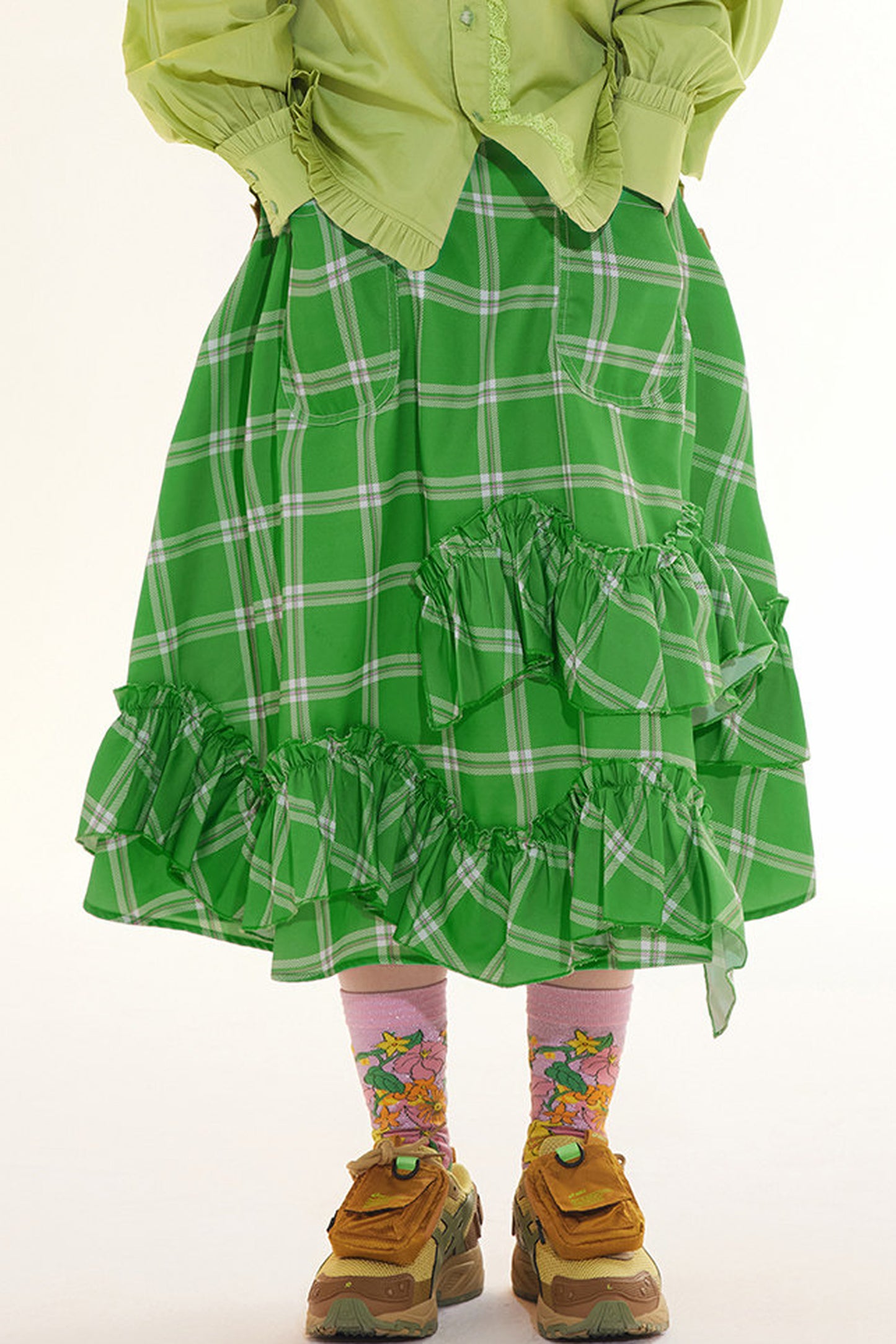 Floral Plaid Ruffled Skirt