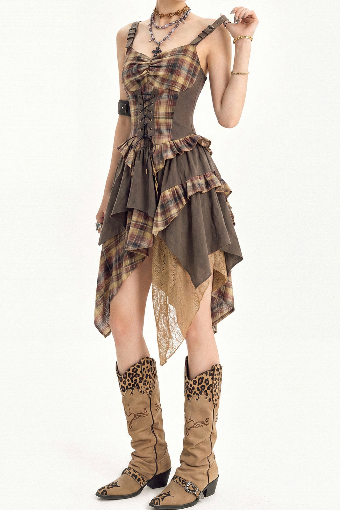 Plaid Tie Waist Irregular Dress