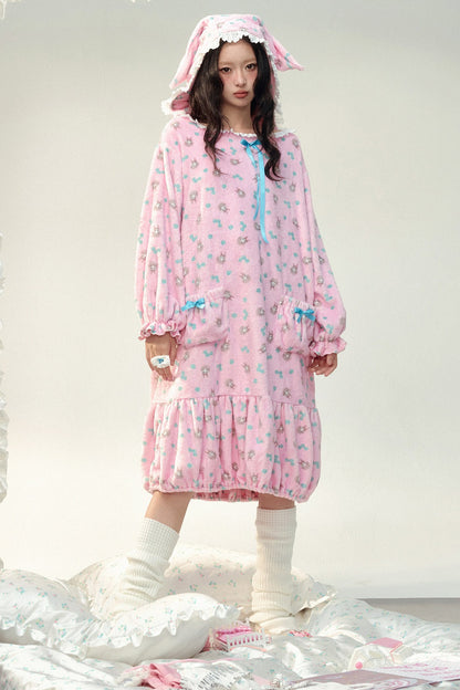 Pink Floral Flannel Ruffled Hooded Robe