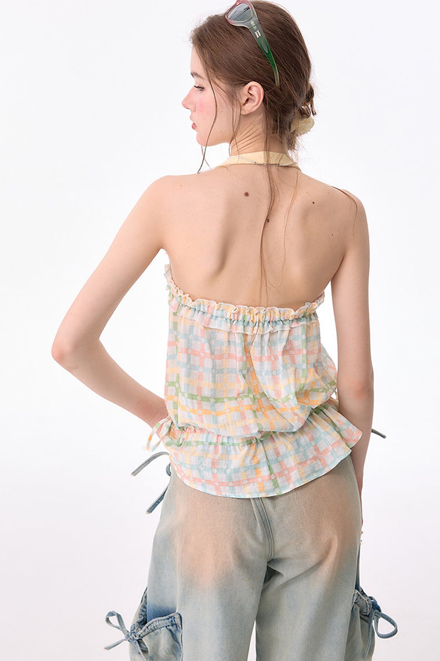 Pastellkariertes Neckholder-Oberteil mit Rüschen