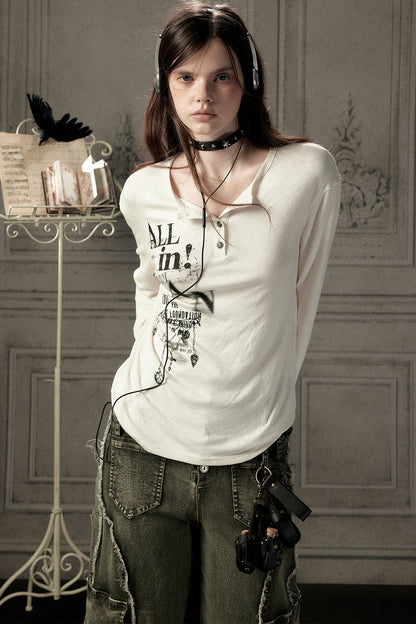 Beige Printed Long-Sleeved T-Shirt