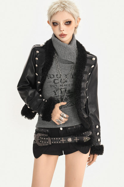 Black Leather Buttoned Fur Collar Jacket
