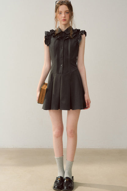 Robe rétro gris foncé à col à volants