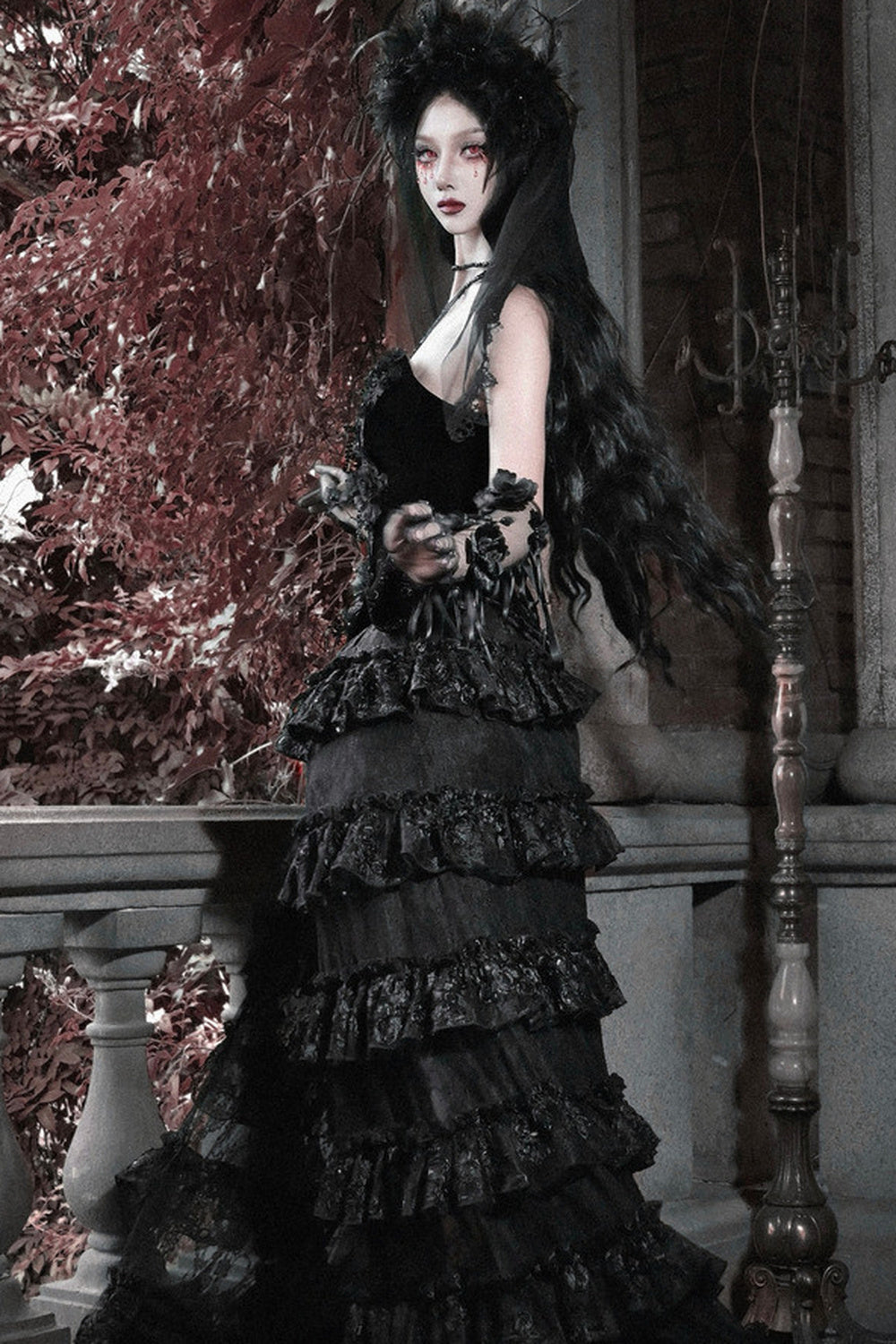 Ensemble blouse corset gothique en velours cramoisi
