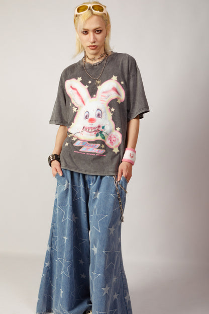 Loose Fit Punk Rock Rabbit Print T-Shirt