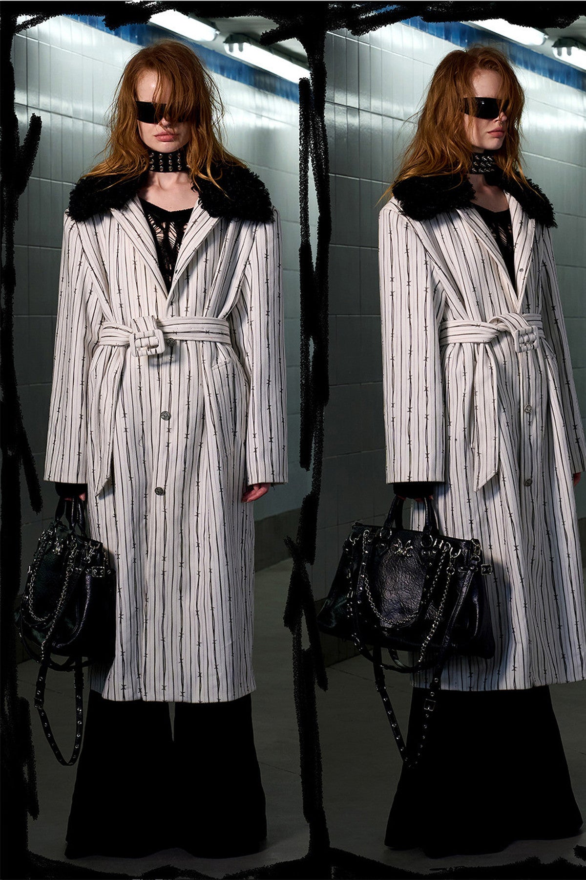 Patchwork Stripe Fur Collar Coat